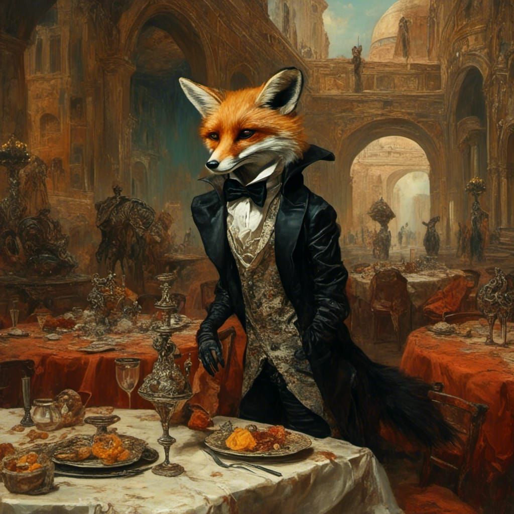 <lora:Mars Masquerade:1.0> An anthropomorphic fox wearing a Venetian masquerade style tuxedo at a dinner party on post-apocalyptic Mars. pre...