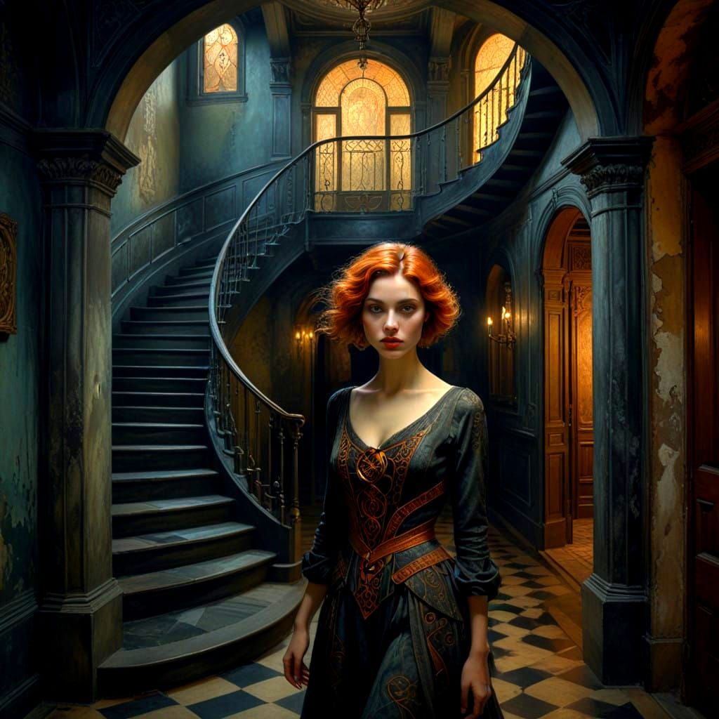 Enigmatic Lady in Escherian Labyrinth