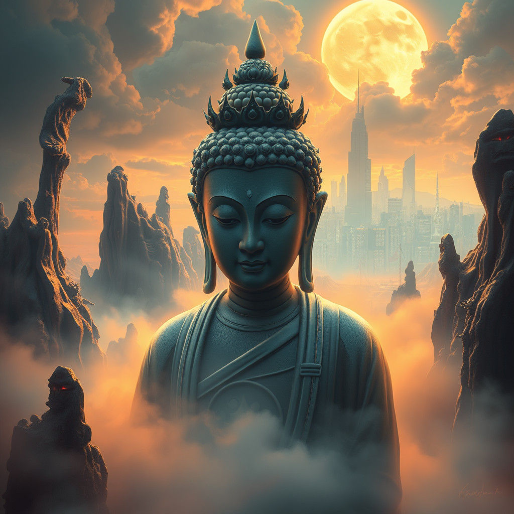 Bodhisattva in Dreamlike Synthwave Landscape