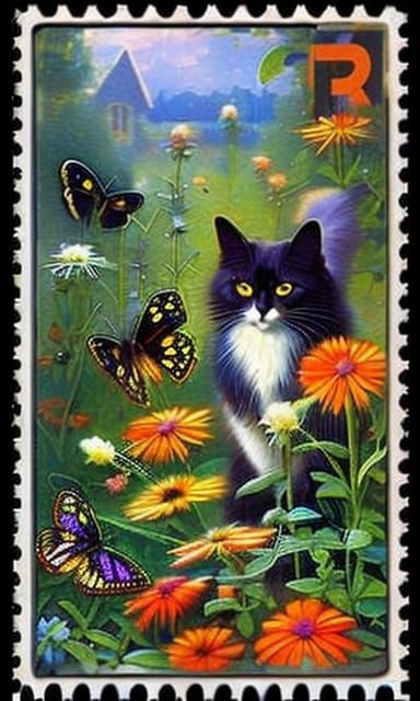 A stamp with a cat chasing butterfiles in a garden.  Envelopes will never be the same again.  by @SpaceBicycling