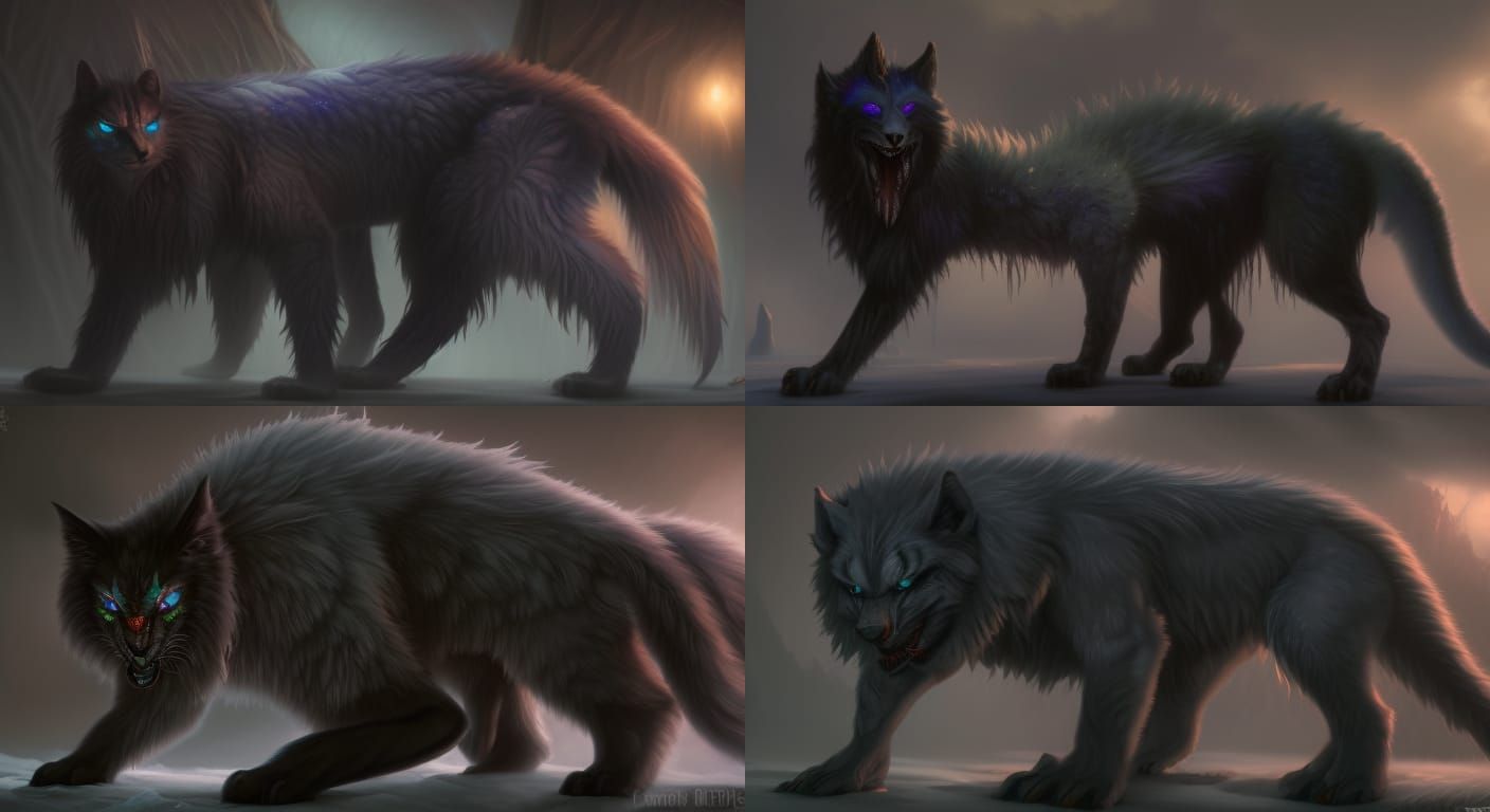 An alpha fenrir wolf. Pitch black fur with 6 silver lines of furl, 3 ...