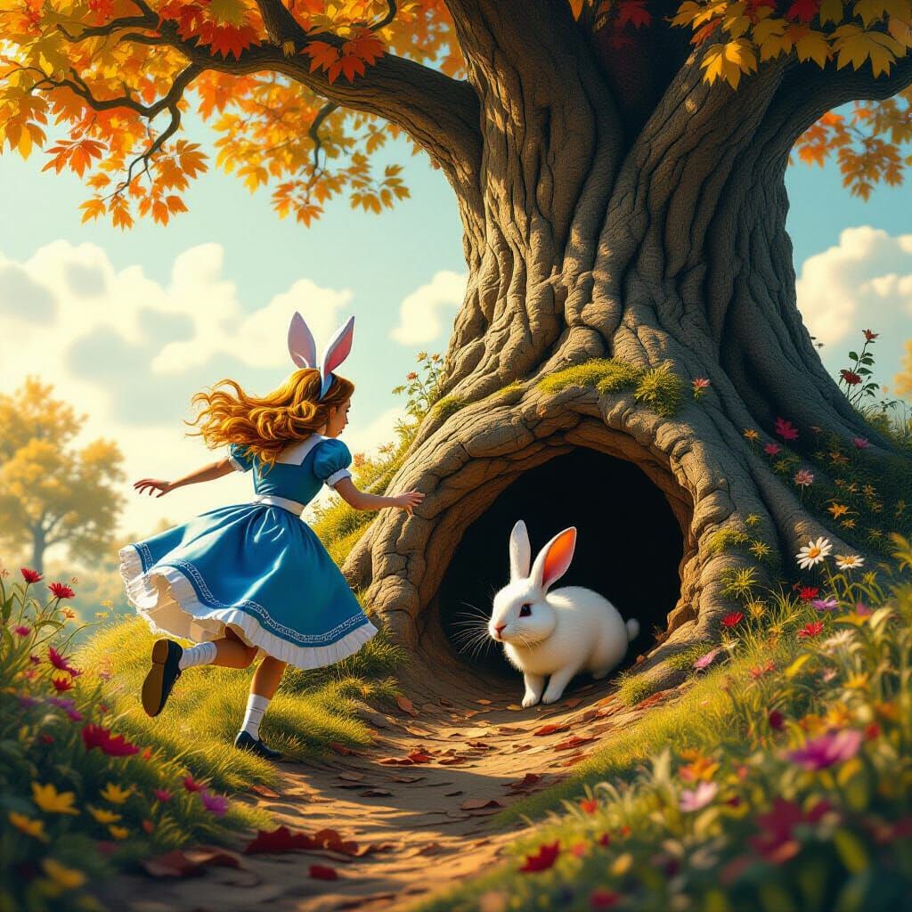 alice chasing a white rabbit into a hole under a tree, warm colours, psychodellic vibes