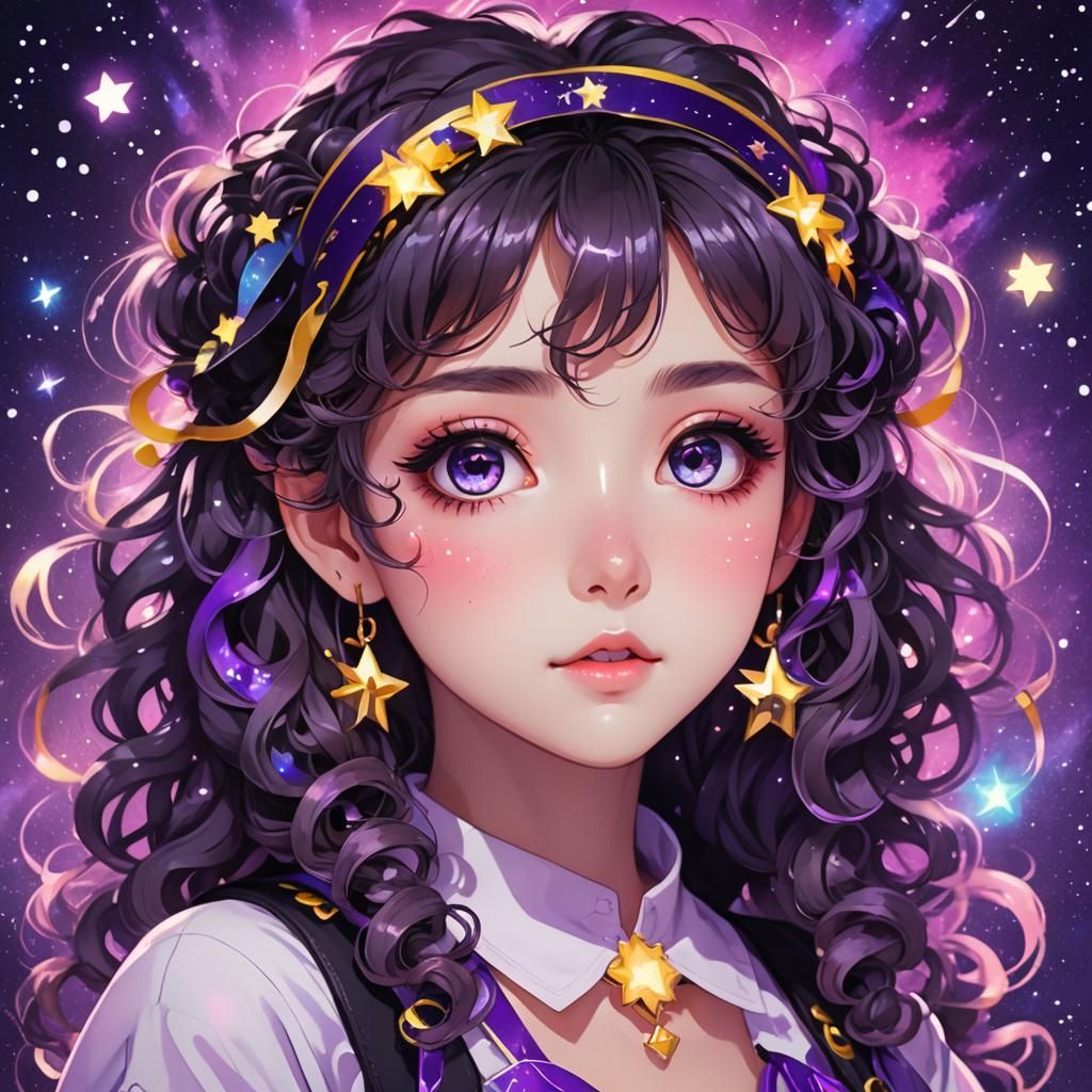 A cute anime girl with big eyes and curly hair, wearing star...