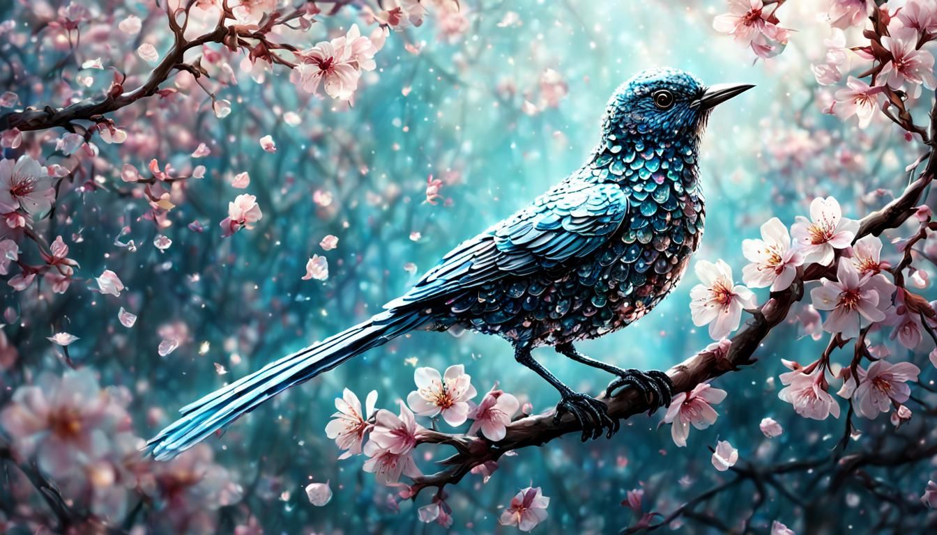 "a crystal bird covered in diamonds, perched on a branch of cherry blossoms. a soft, ethereal light, ...  by @Spearmint