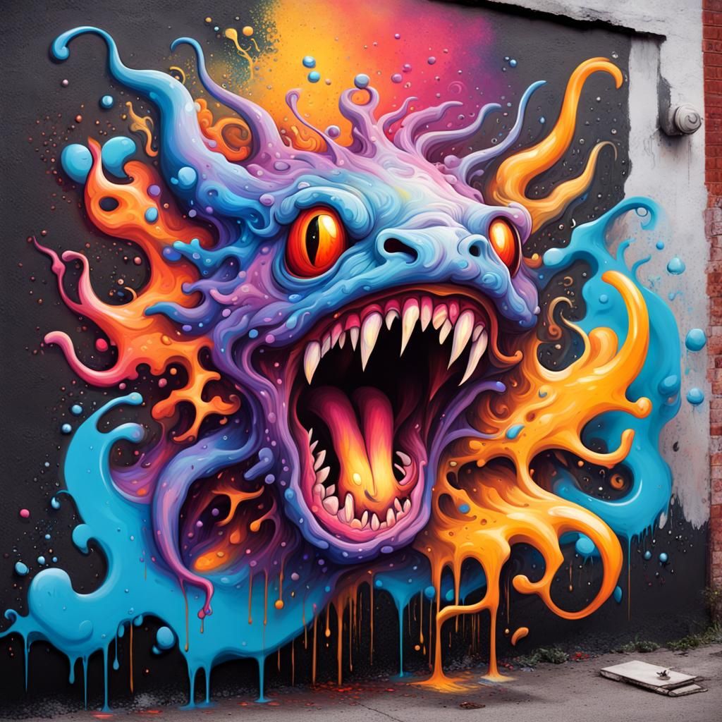 Mythical Creature Graffiti Art in Polychromatic Splash Style
