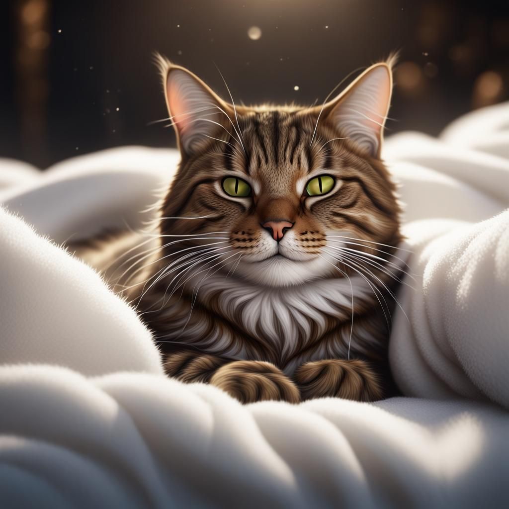 A brown tabby cat sleeping in fluffy white blankets - AI Generated ...