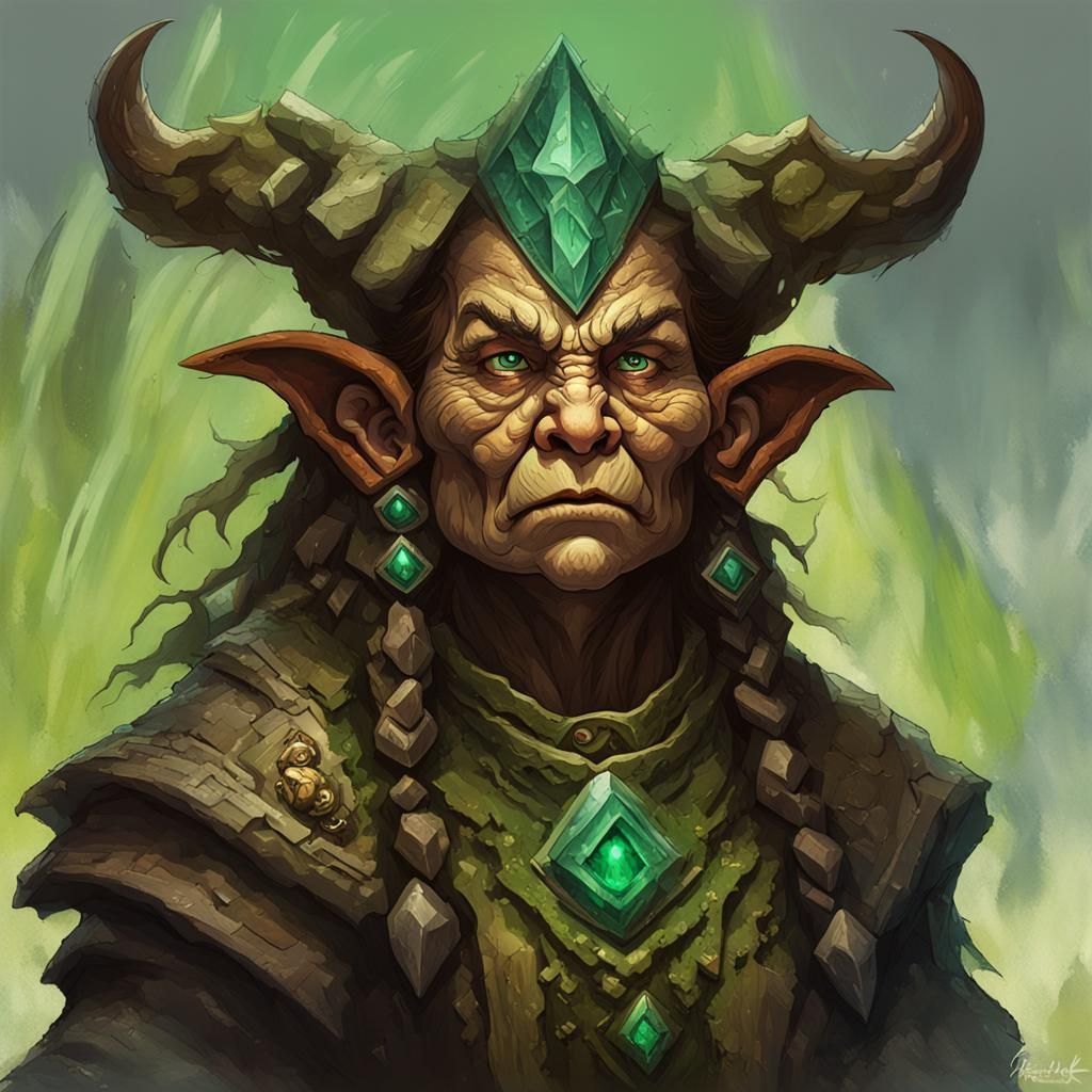 a front-facing portrait of a female earth elemental dwarf, m...