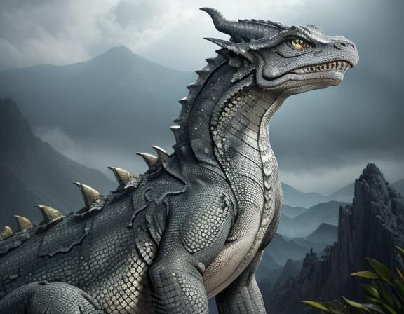 (enormous mottled gray reptilian mountain dragon:1.3), full ...