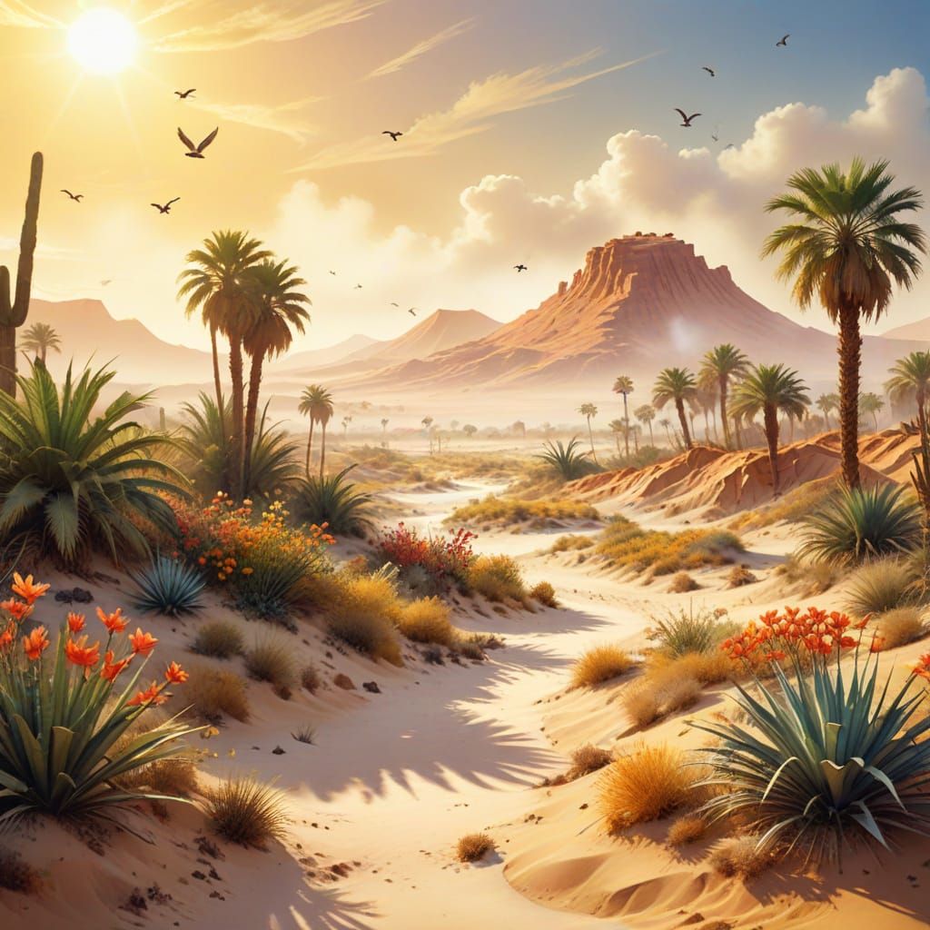 A massive, beautiful Oasis in the Desert. Waffle like dunes Surrounding the Oasis. Oasis is filled with vegetation and animals and birds