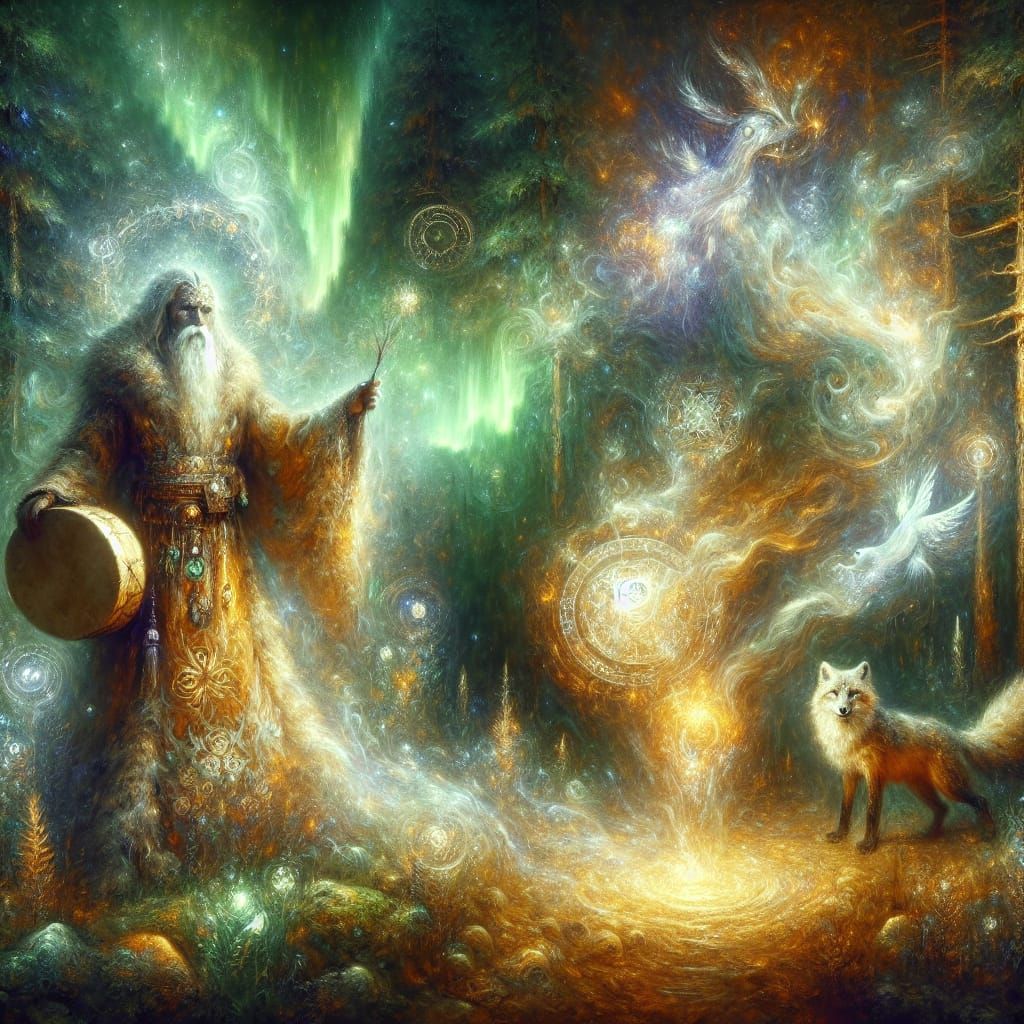 Sámi Shaman in Ethereal Forest Glade