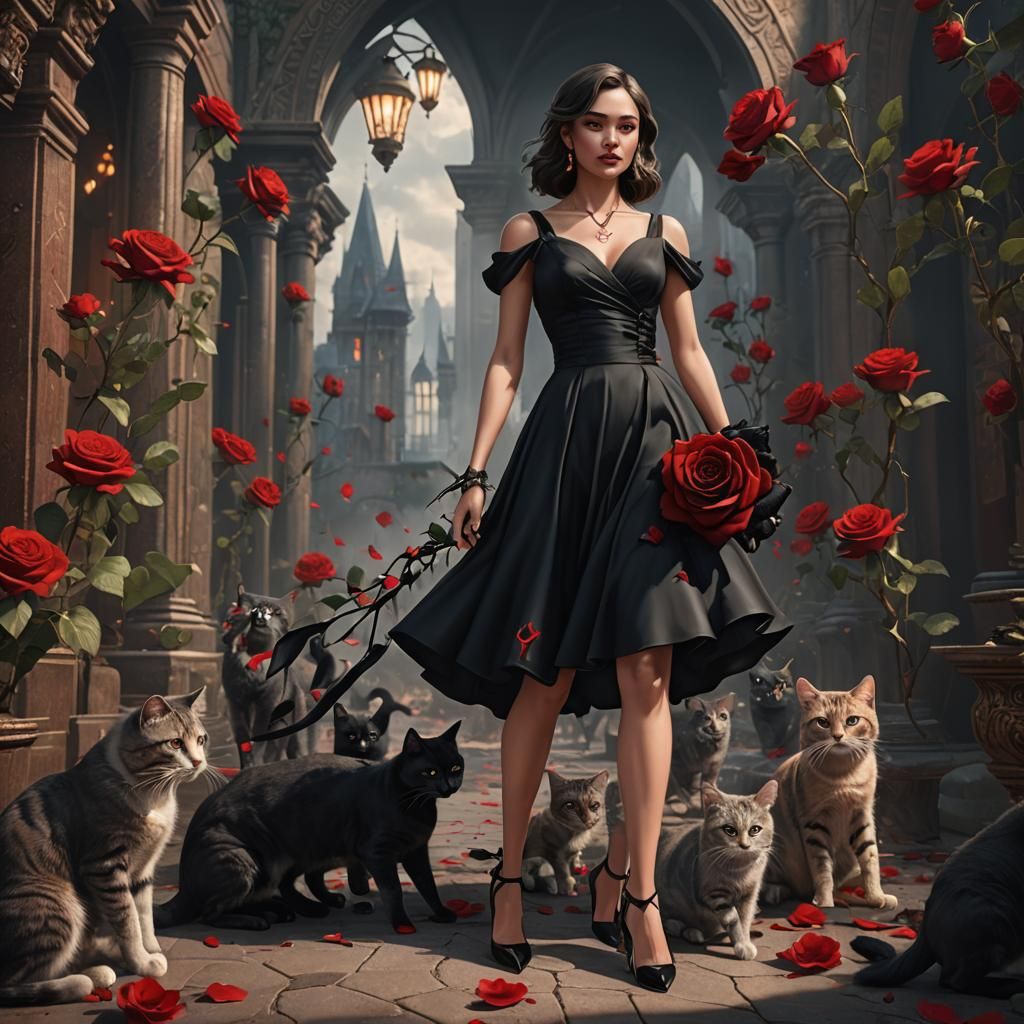 Girl, holding a black rose，wearing a black dress, wearing hi...