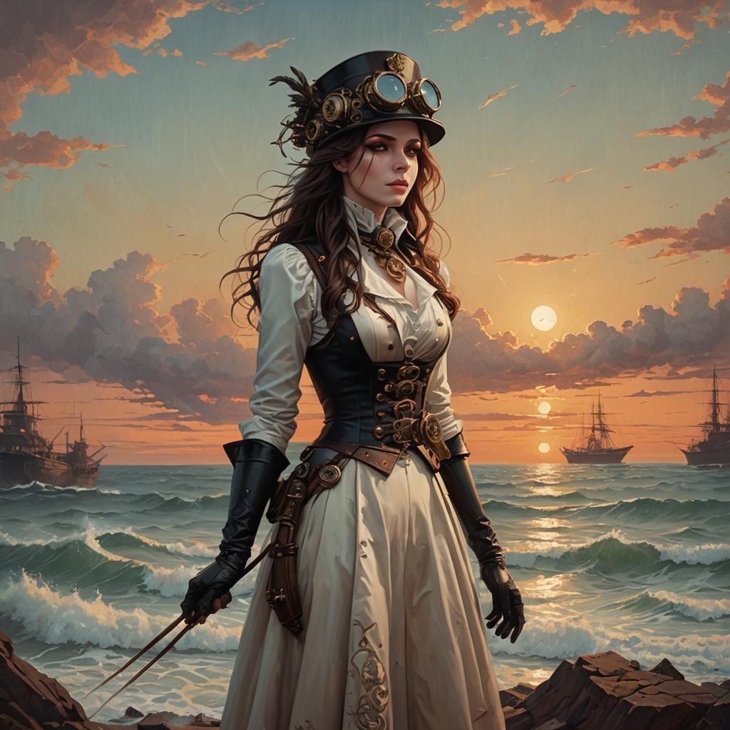 Steampunk Augur, battlefield, sea coast, sunset, effulgent g...