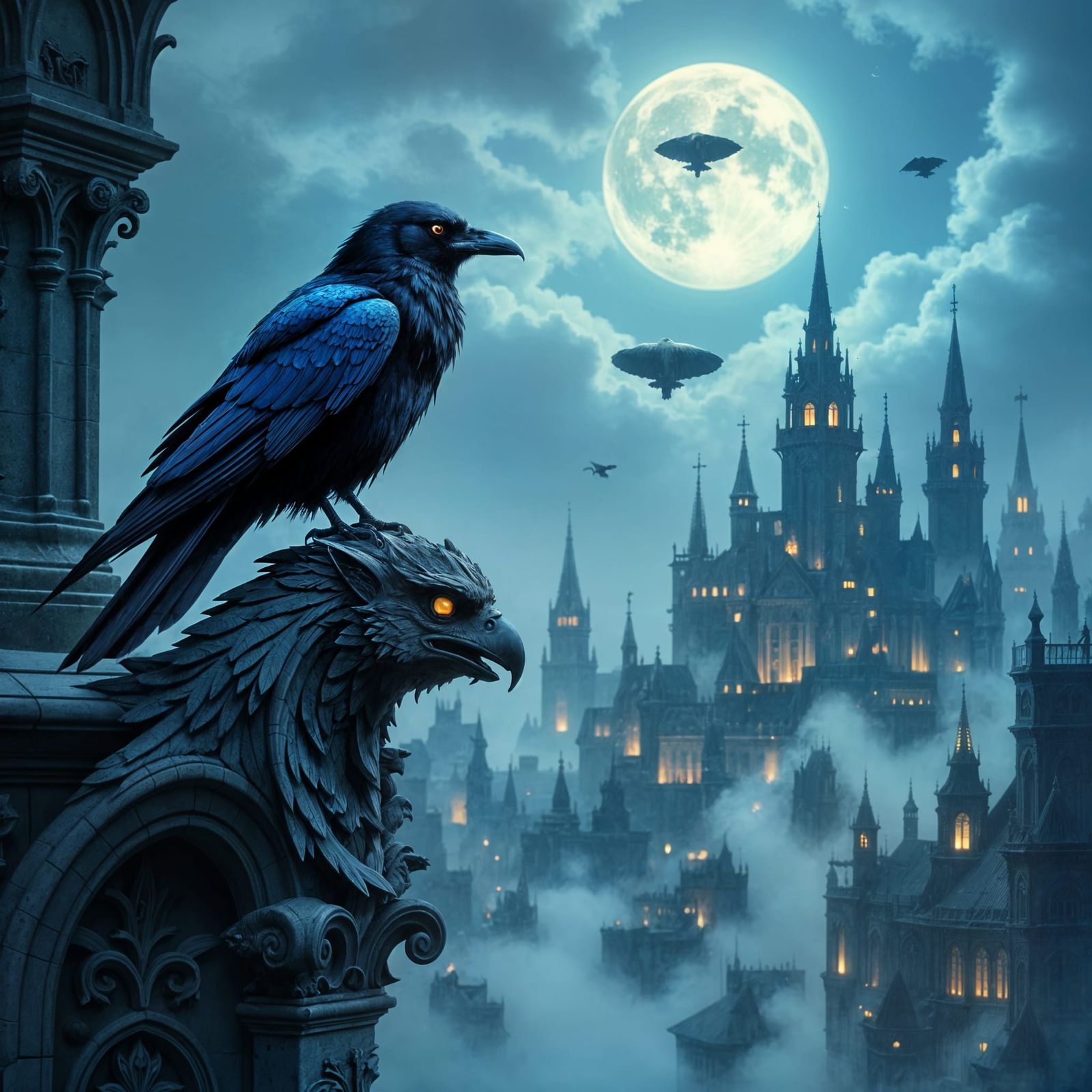 Gothic fantasy concept art. A solitary raven with iridescent feathers perched on a crumbling, ornate ...  by @Rhyder