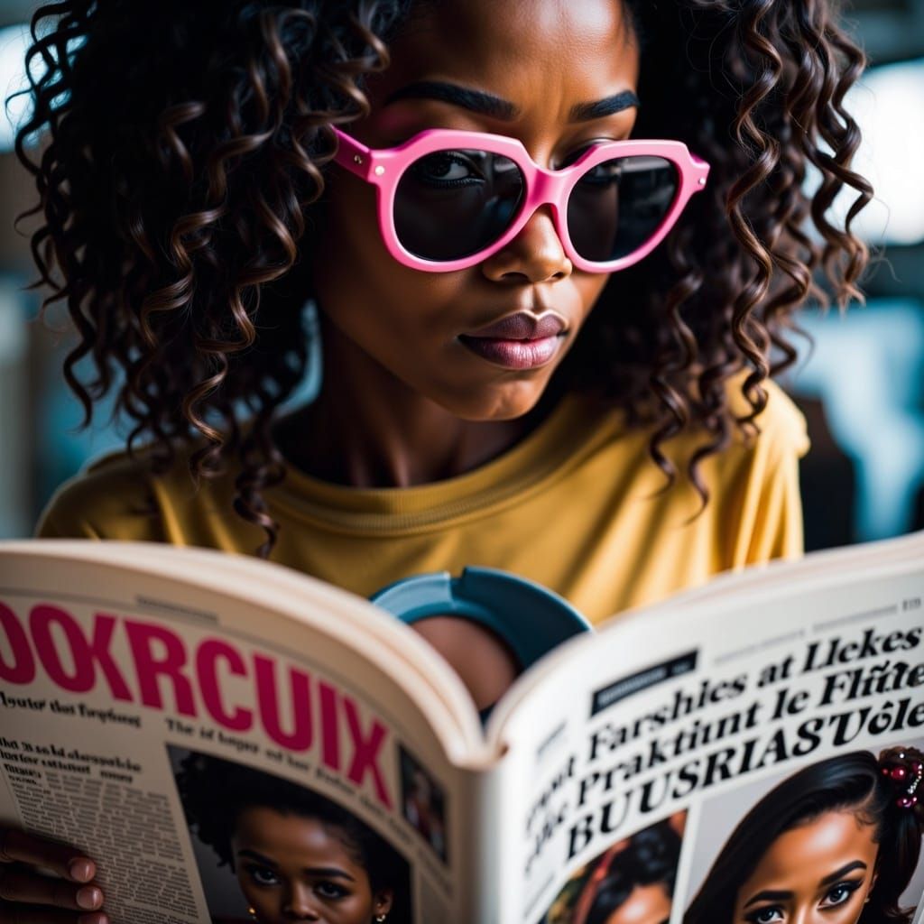 <lora:Rama FL:1.0> A close-up of someone in oversized sunglasses and a graphic T-shirt, flipping through gossip magazines with headlines ab...