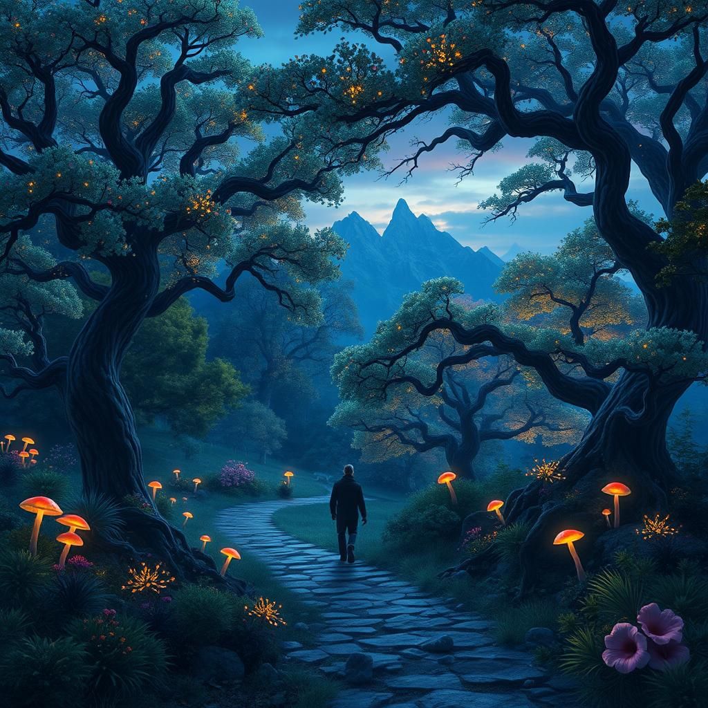 Iridescent Twilight Traveler in Magical Landscape