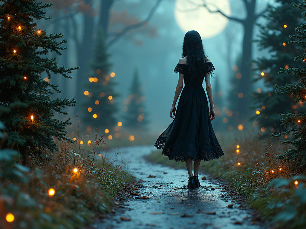 Goth Girl on Moonlit Trail with Glass Figurines