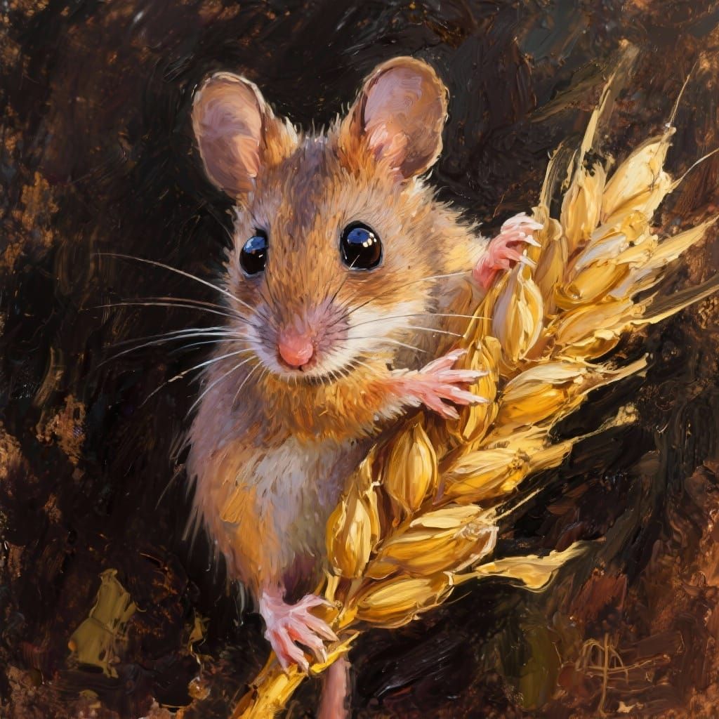 An exquisite oil painting with a rich, impasto texture, capturing a tiny, adorable field mouse with large, glossy eyes and delicate whiskers...