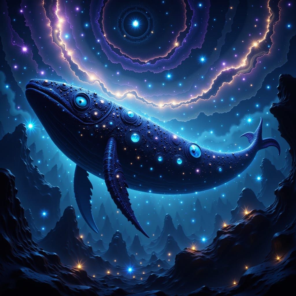 Digital art. A colossal, ancient cosmic whale drifts through a nebula of swirling stardust and nebulae. Its skin is patterned with constella...
