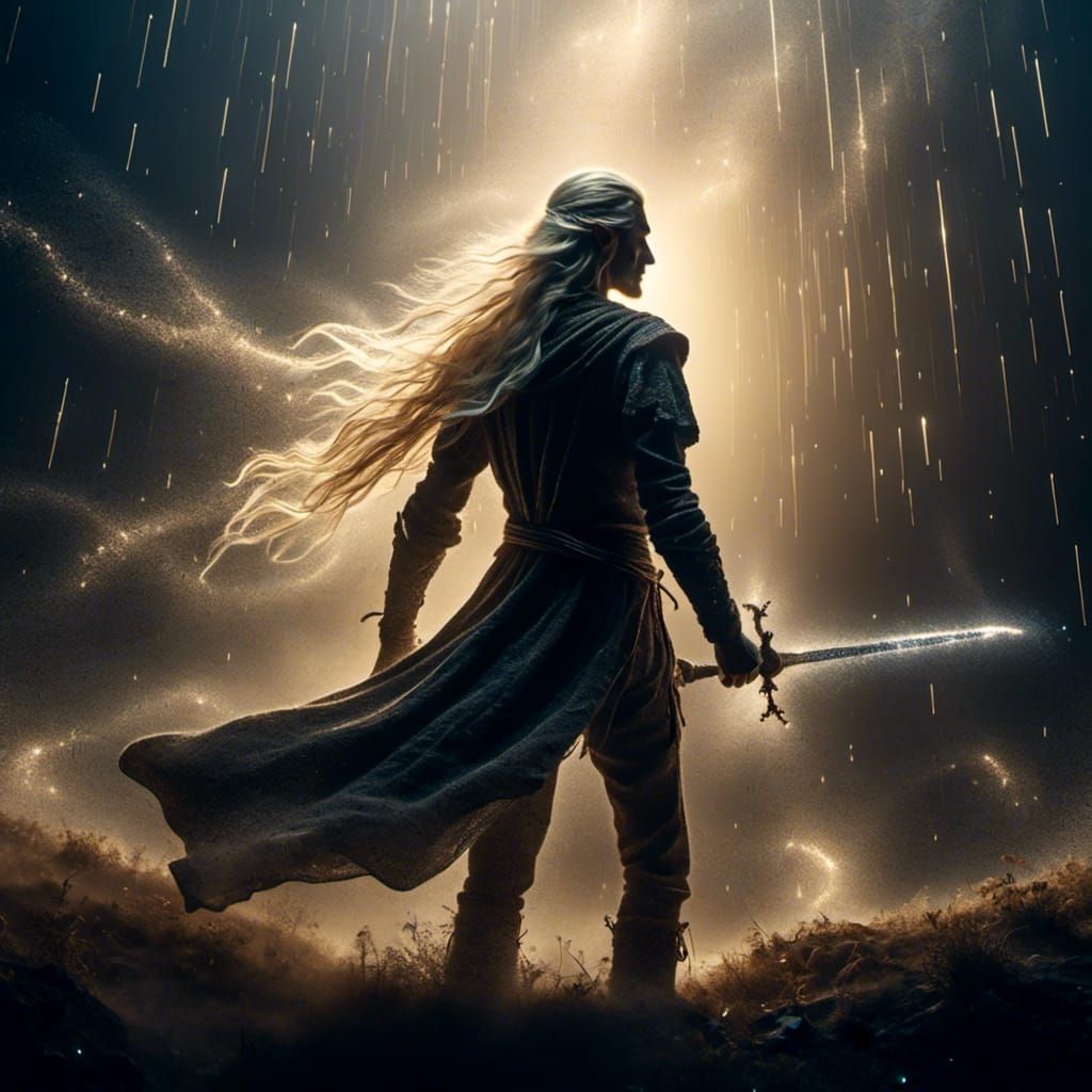 a photo of <lora:Arrow of Light:1.0> back silhouetted male elf with long blond hair| holding a glowing sword aloft| made of light and dust|...