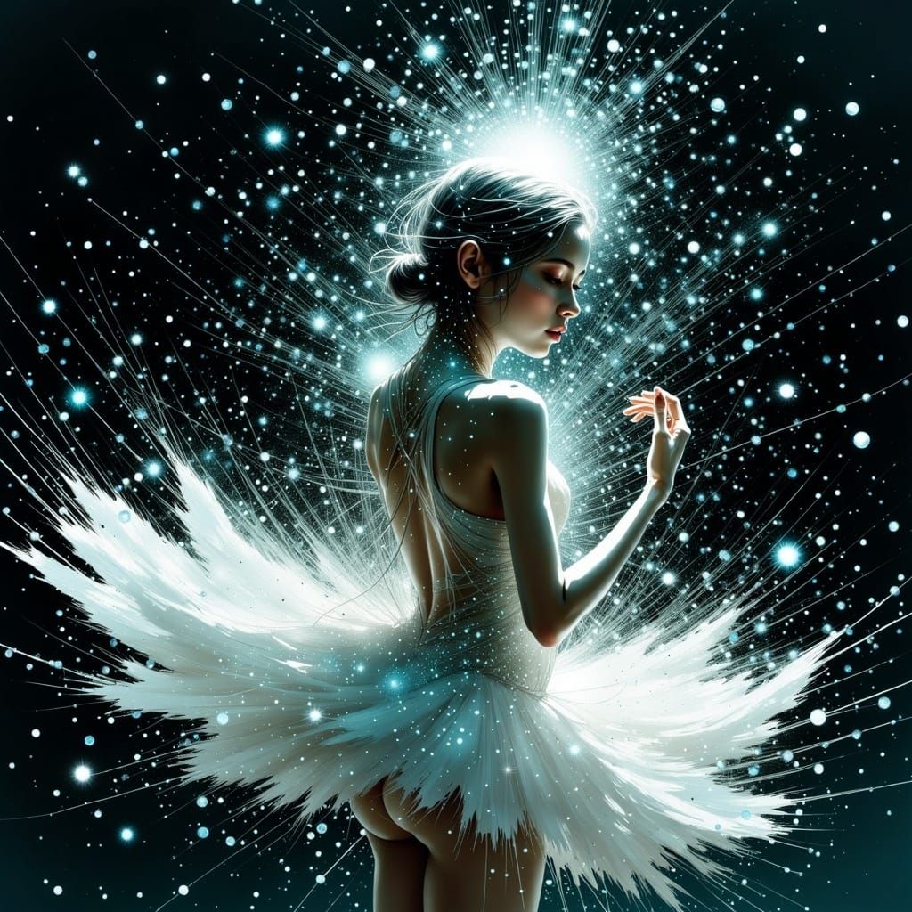 <lora:Make it sparkle:1.0>8k; crazed girl, use of white spectral silhouette outlines; in a ballerina costume dancing: face portrait, by Jere...