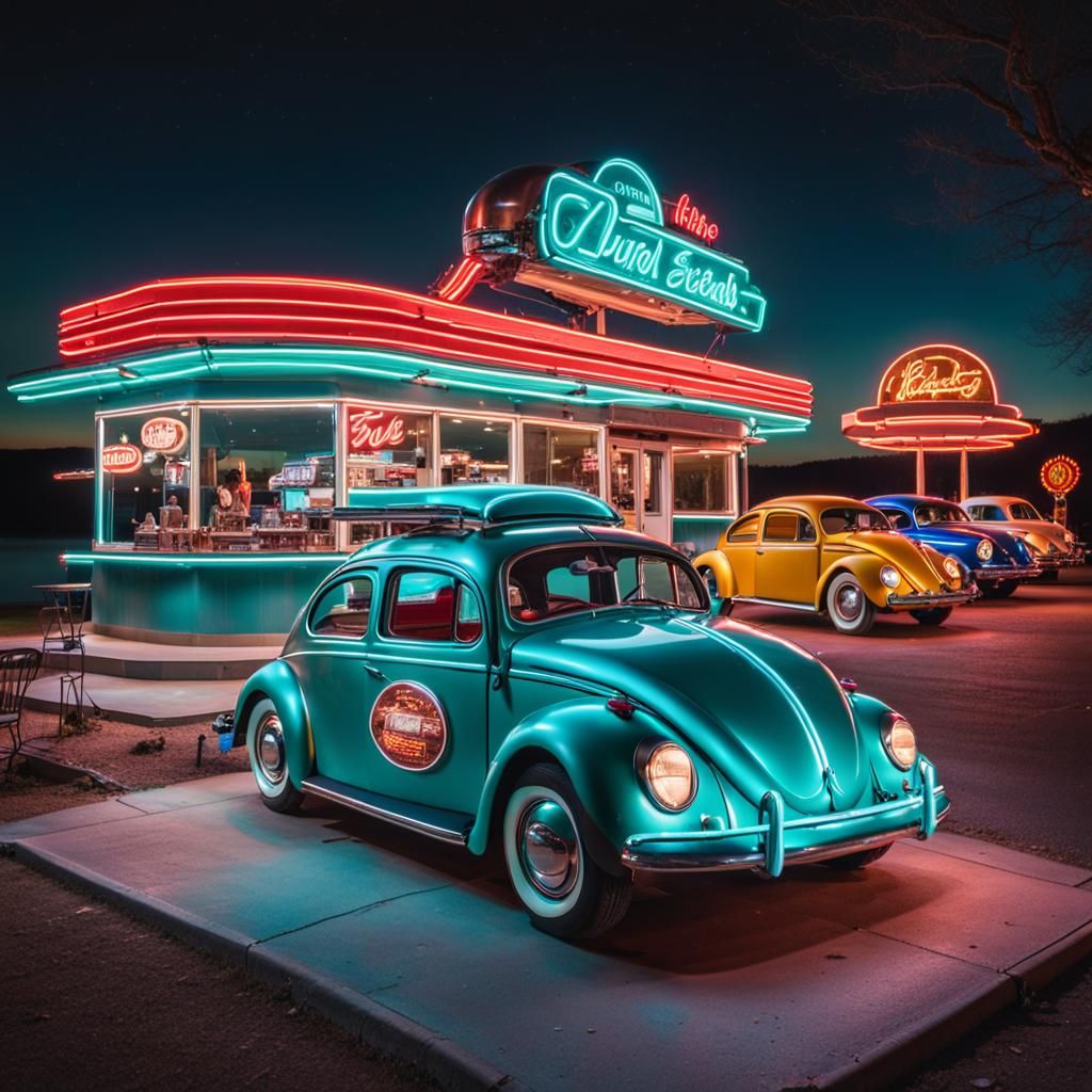 Close-ups of vintage roadside diners with neon signs.
Portra...