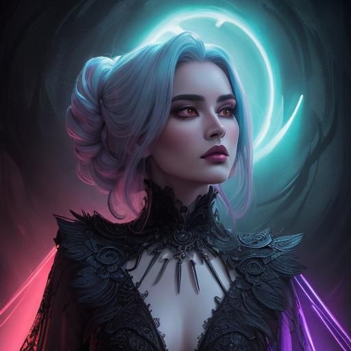 dark fantasy, woman pearlwhite skin, chrome hair and iridescent