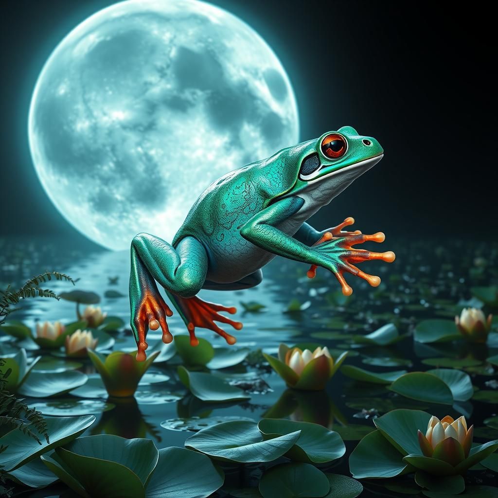 Iridescent Frog Leaps Under Moonlit Sky