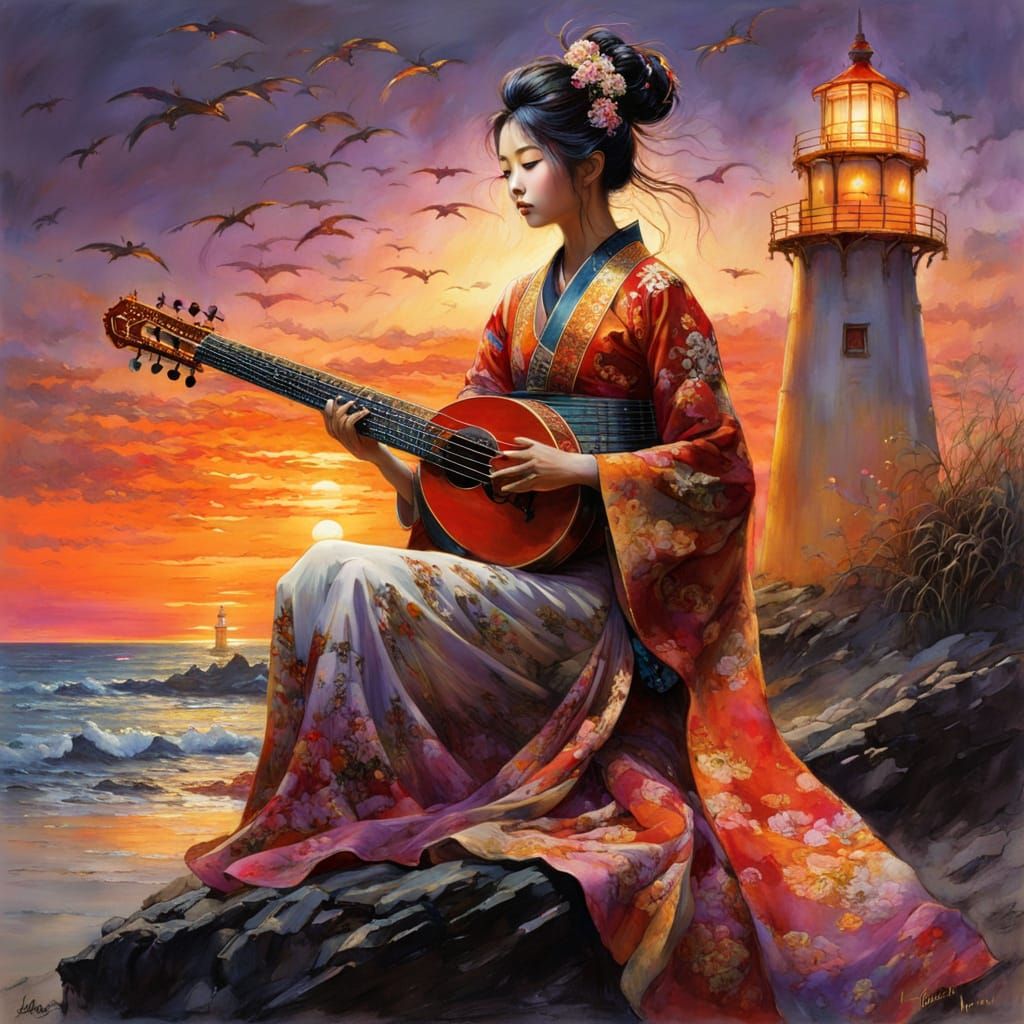 Japanese Princess in Sunset Kimono, Sitar, and Lighthouse