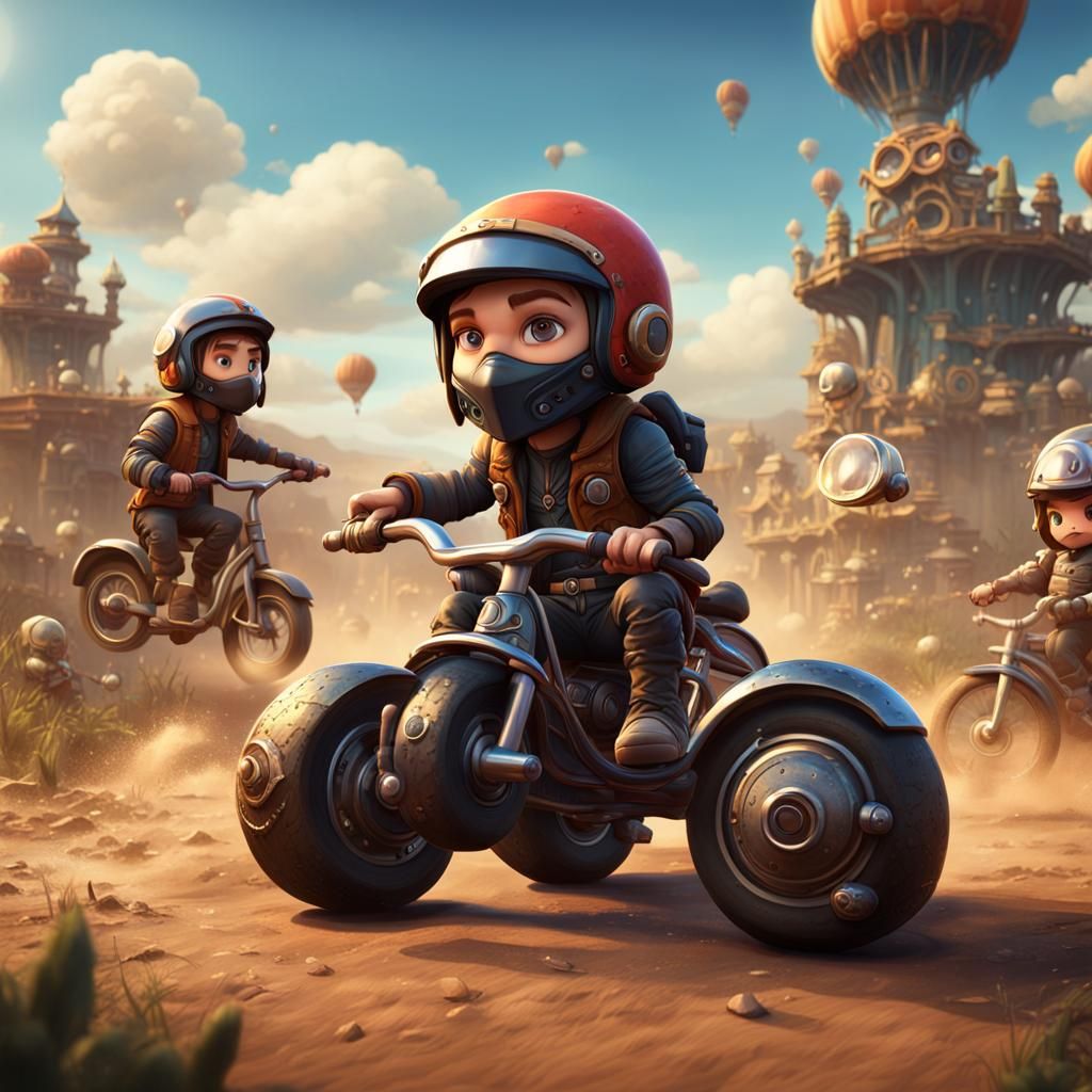 Chibi Bikers on Tricycles: Detailed Matte Painting