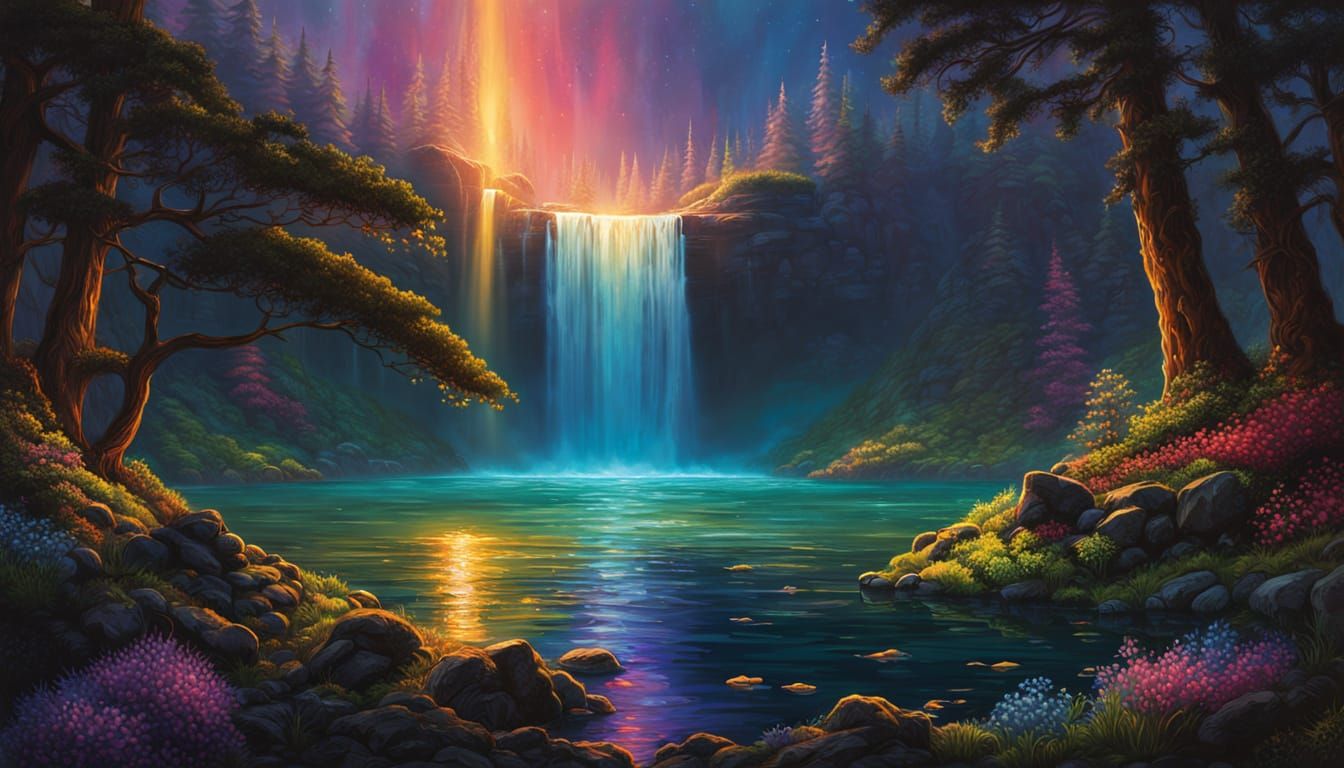 waist-deep lake at the bottom of a waterfall, moonlight, forest, dark and mysterious, colorful, ultra highly detailed, Fantastic Realism com...