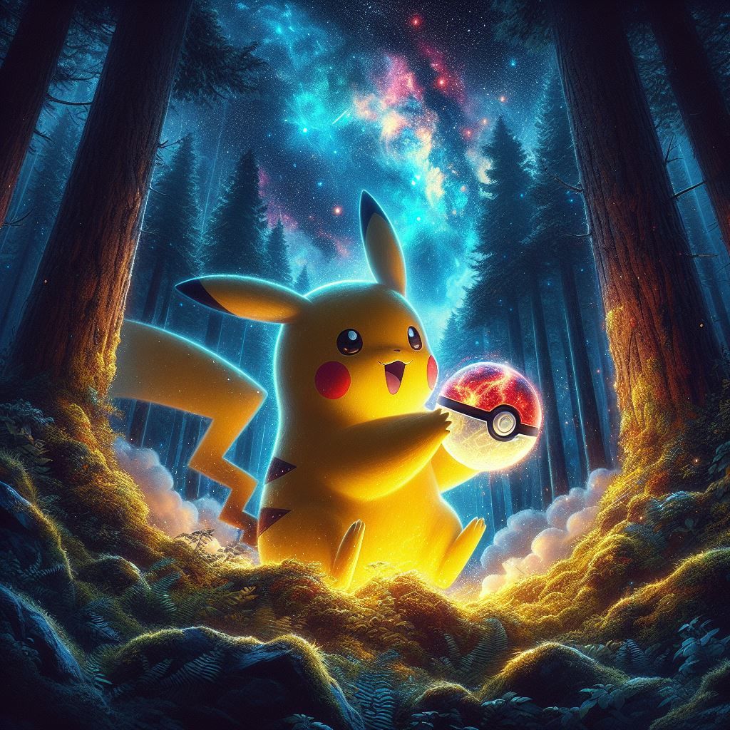 Pikachu is playing with a Pokéball