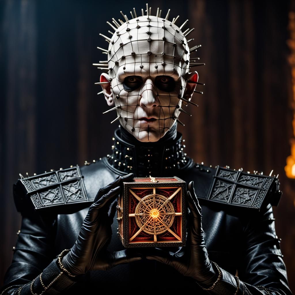 A hyperrealistic Full size Pinhead, from the movie "Hellraiser" in full Black Leather Hellraiser style ...  by @Pinhead fan