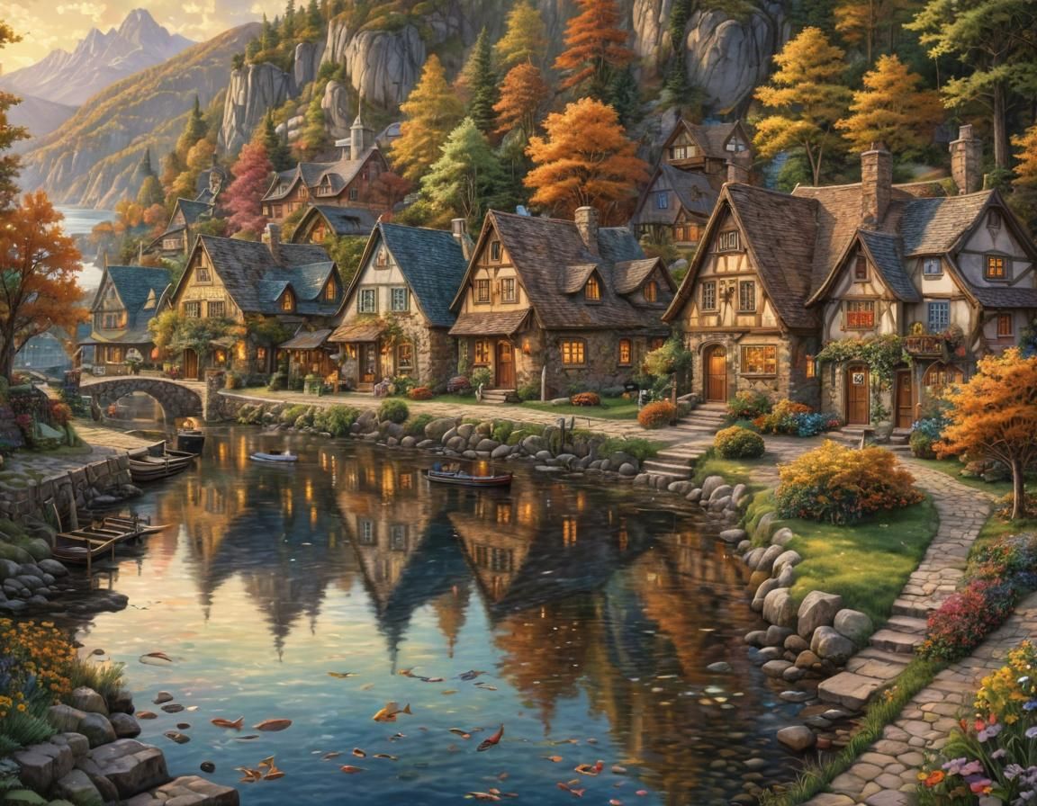Charming Lakeside Village in Storybook Illustration Style