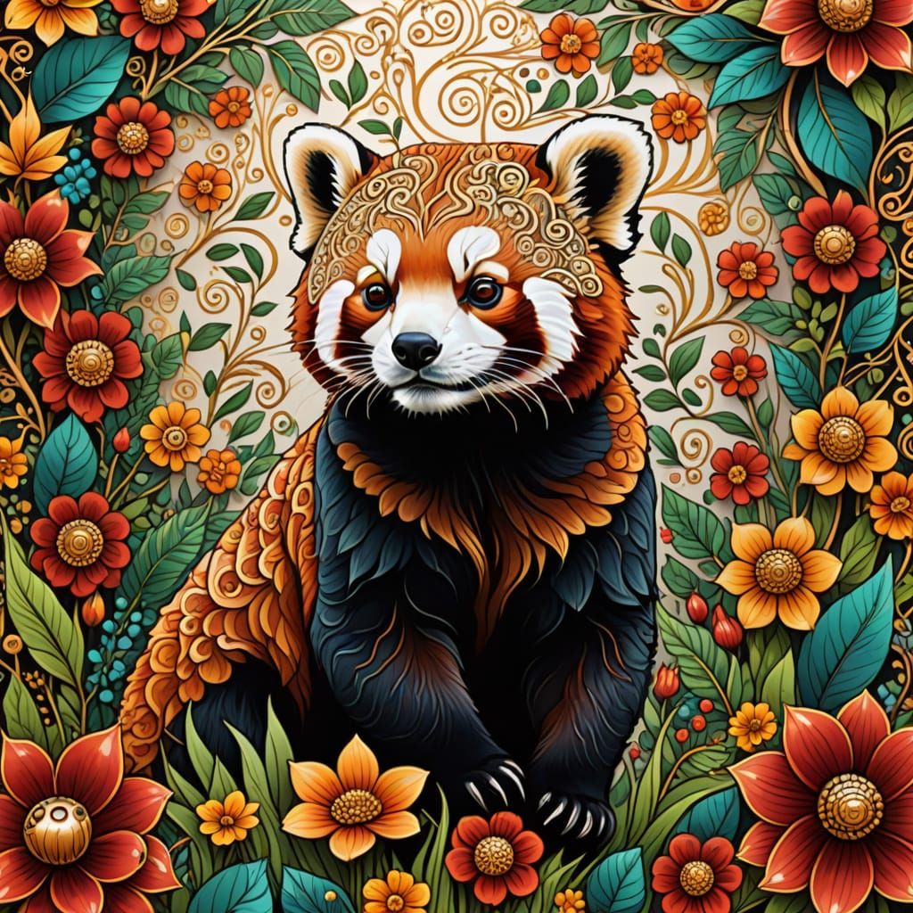 Abstract Zentangle Red Panda grazing in a majestic garden of intricate flowers. Heavy swirl patterns. ...  by @Jas