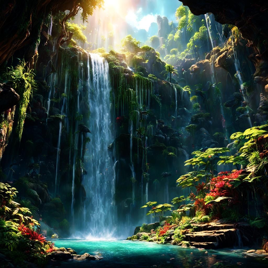 A transparent waterfall falling from on high into a cave full of colorful vegetation, and a beautiful ...  by @Artysta