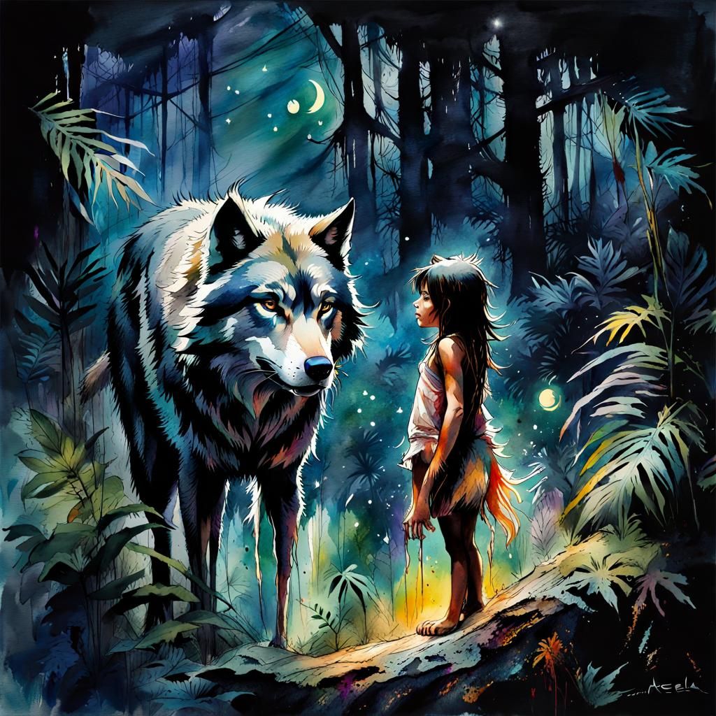 Akela, the wolf and Mogli