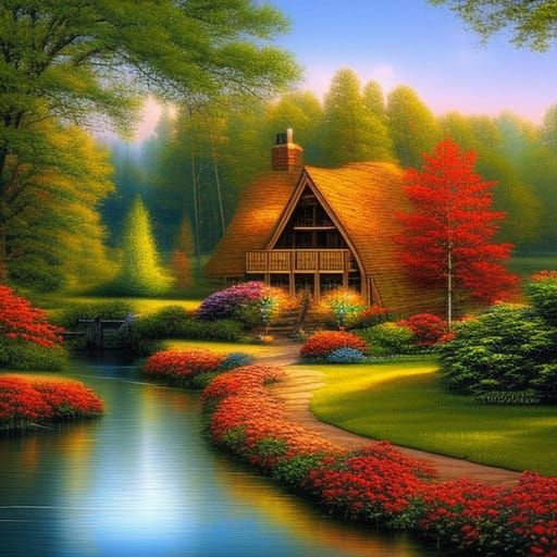 Lakeside cabin style of Thomas Kincade