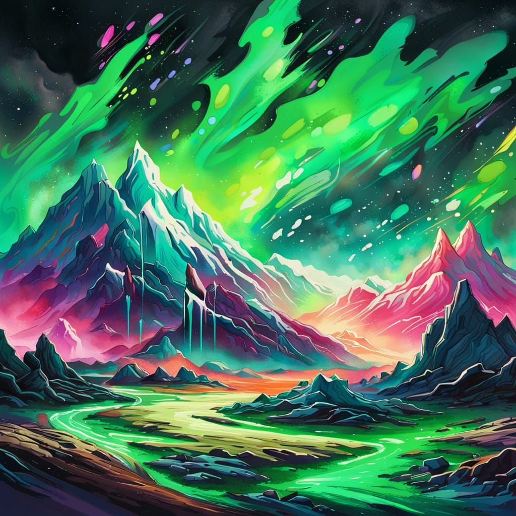 Anime Green Auroras In The Nightsky On Desert With Mountains...