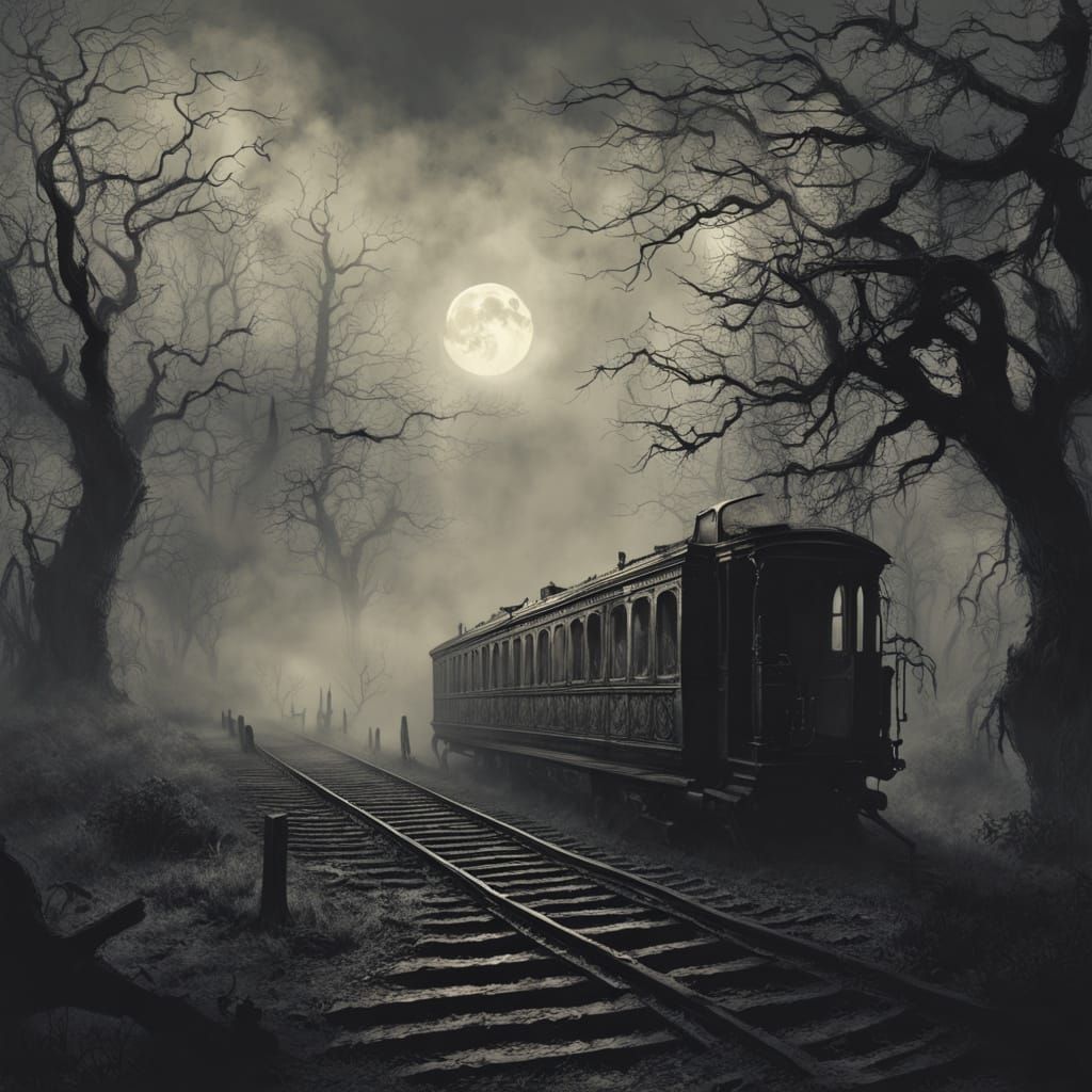 Gothic horror illustration. A lone, dilapidated train carriage, overgrown with thorny vines and spectral ...  by @Batwolf