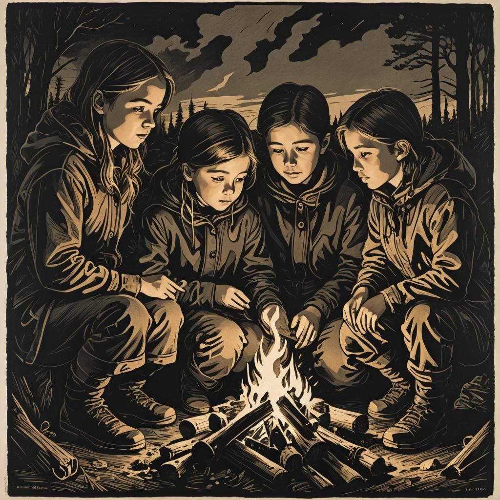 Chiaroscuro Woodcut Of siblings huddled around a campfire to keep warm  by @Lady of the Thorns
