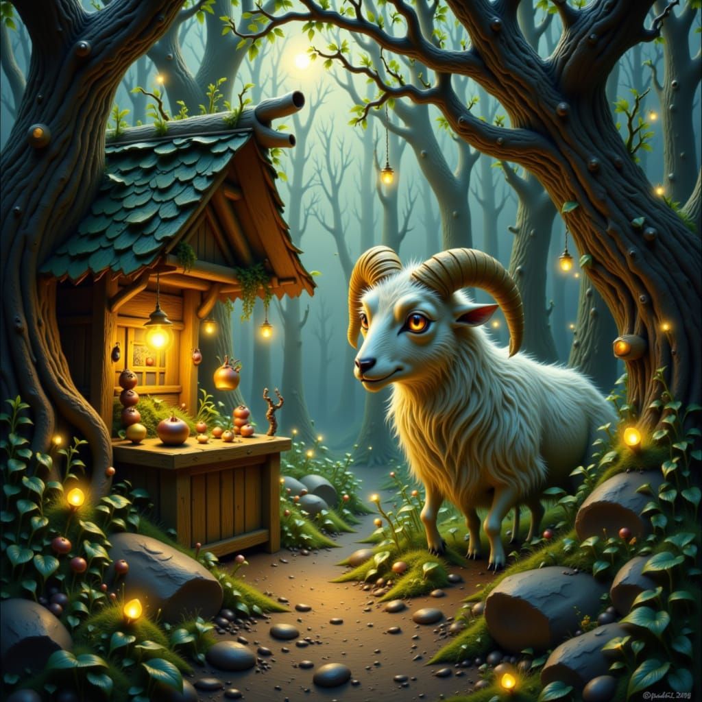 Fantasy art. Oil painting. A charming farmstand nestled in an enchanted forest clearing, run by a friendly ram. The stand is laden with magi...