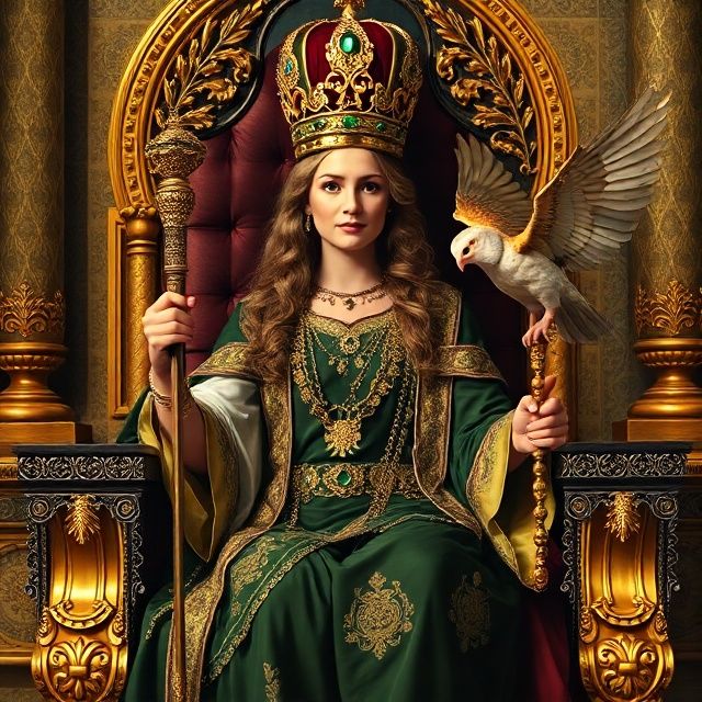 Hera, the queen of Olympus, seated on a grand throne decorat...