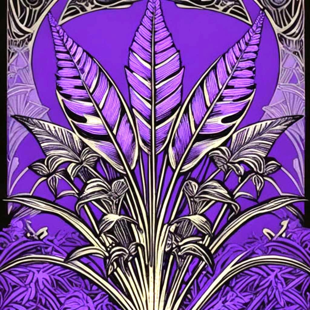 Neon Purple Botanical Art Nouveau Linocut