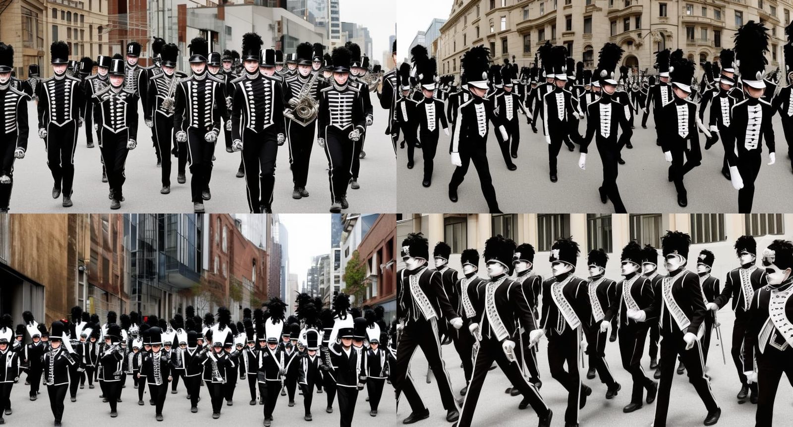 Black Parade, Marching Band clad in black suits, marching th...
