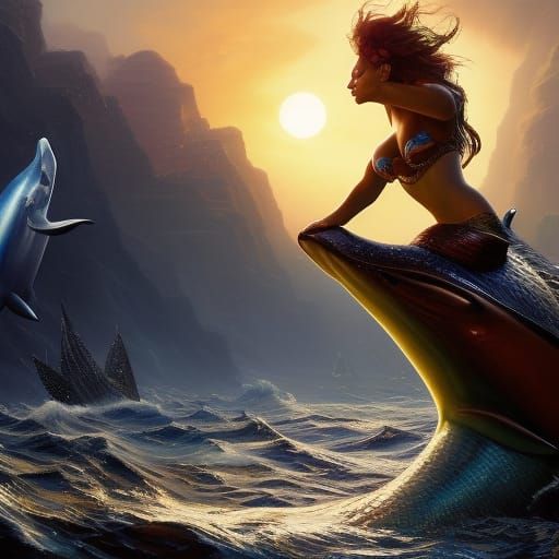 A mermaid riding a dolphin with AK-47 in her hands

; 8k res...