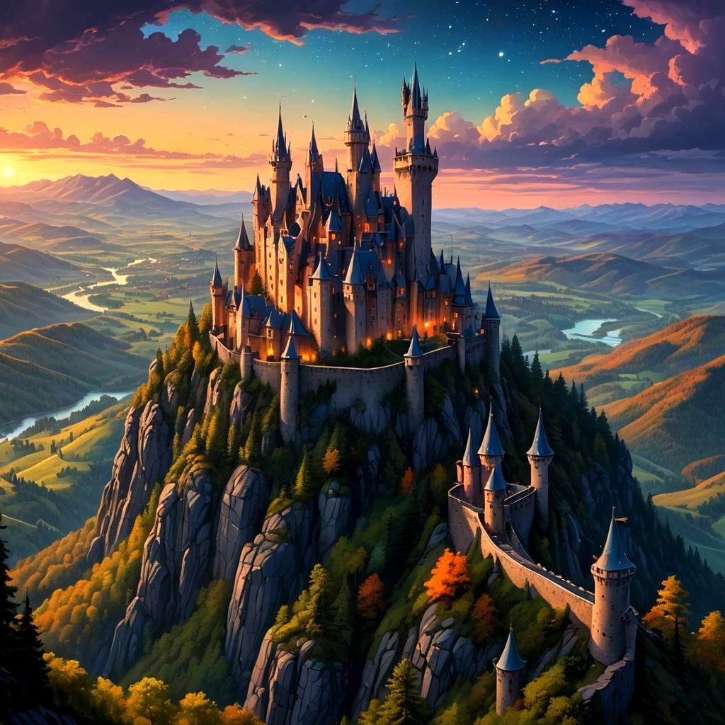 Night Castle Surrounded by Starry Sky, Detailed Matte Painti...