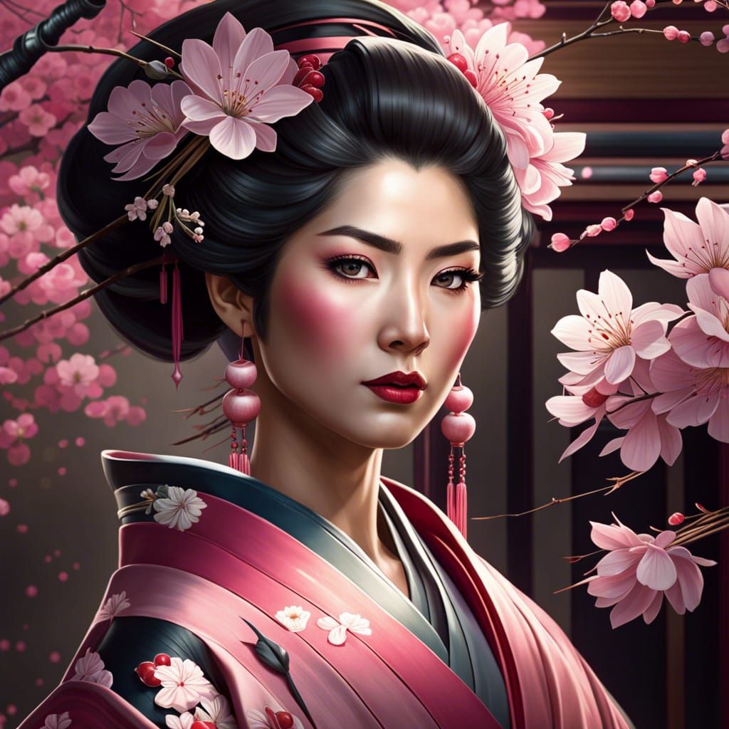 Japanese geisha wearing a cherry blossom kimono : r/nightcafe