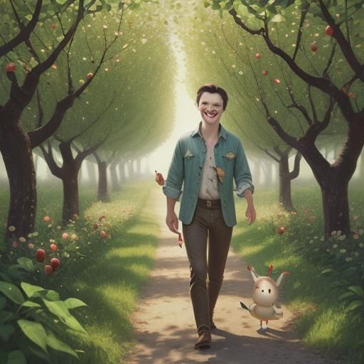Johnny strolling through a lush orchard, his pockets filled ...