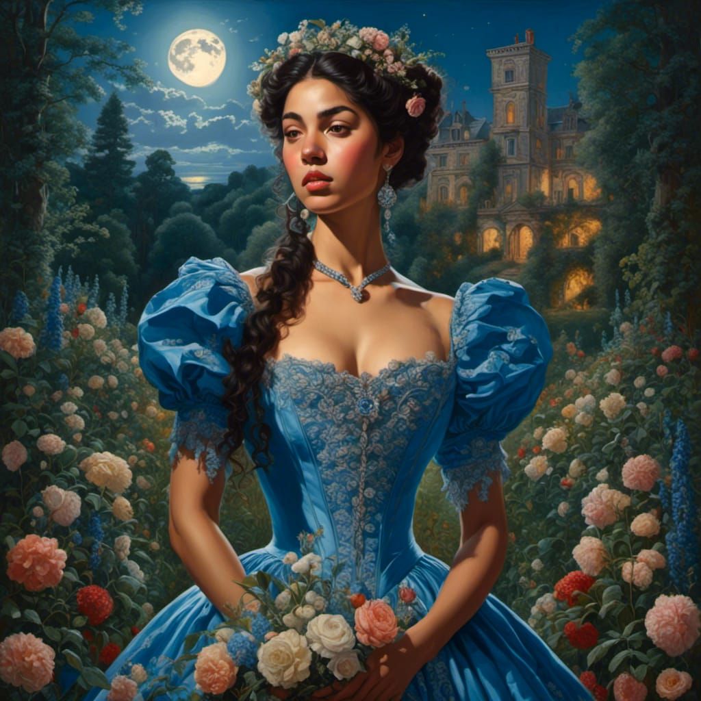 Hyper-detailed, hyper-realistic <lora:Varleyish:1.0> painting of a beautiful Latina princess in a blue Elizabethan dress standing in an orna...