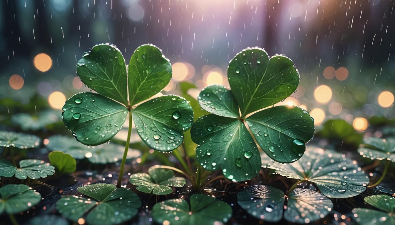 A glowing four-leaf clover stands tall as a mystical aura surrounds it, with raindrops sparkling in the ...  by @Sumontha Sae-Lim